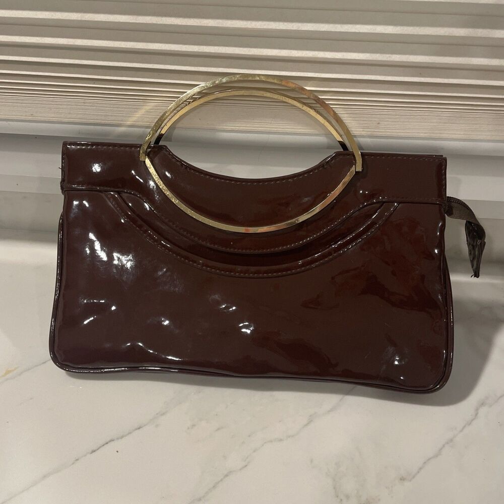 60s Vintage "Mod" Disco-Era Chocolate Brown Parent Leather Purse Gold Handles
